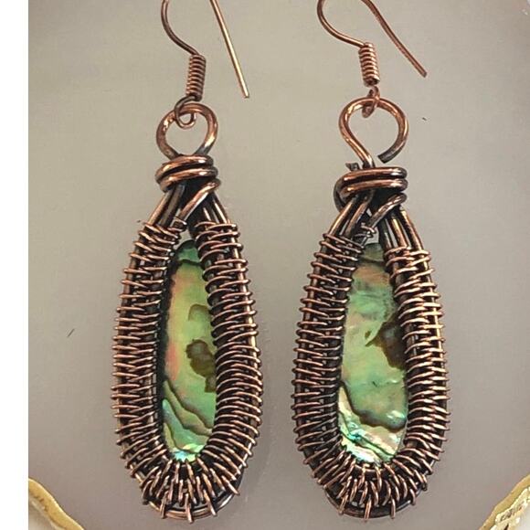 Hand Crafted Jewelry - Copper Abalone Shell Copper Wire Wrap Dangle Earrings